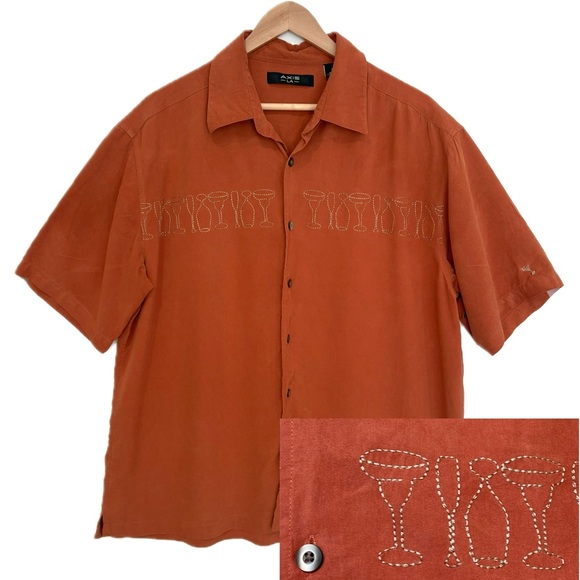 AXIS LA 100% Silk Martini Wine Embroidered Short Sleeve Shirt Mens Size XL - Picture 1 of 9